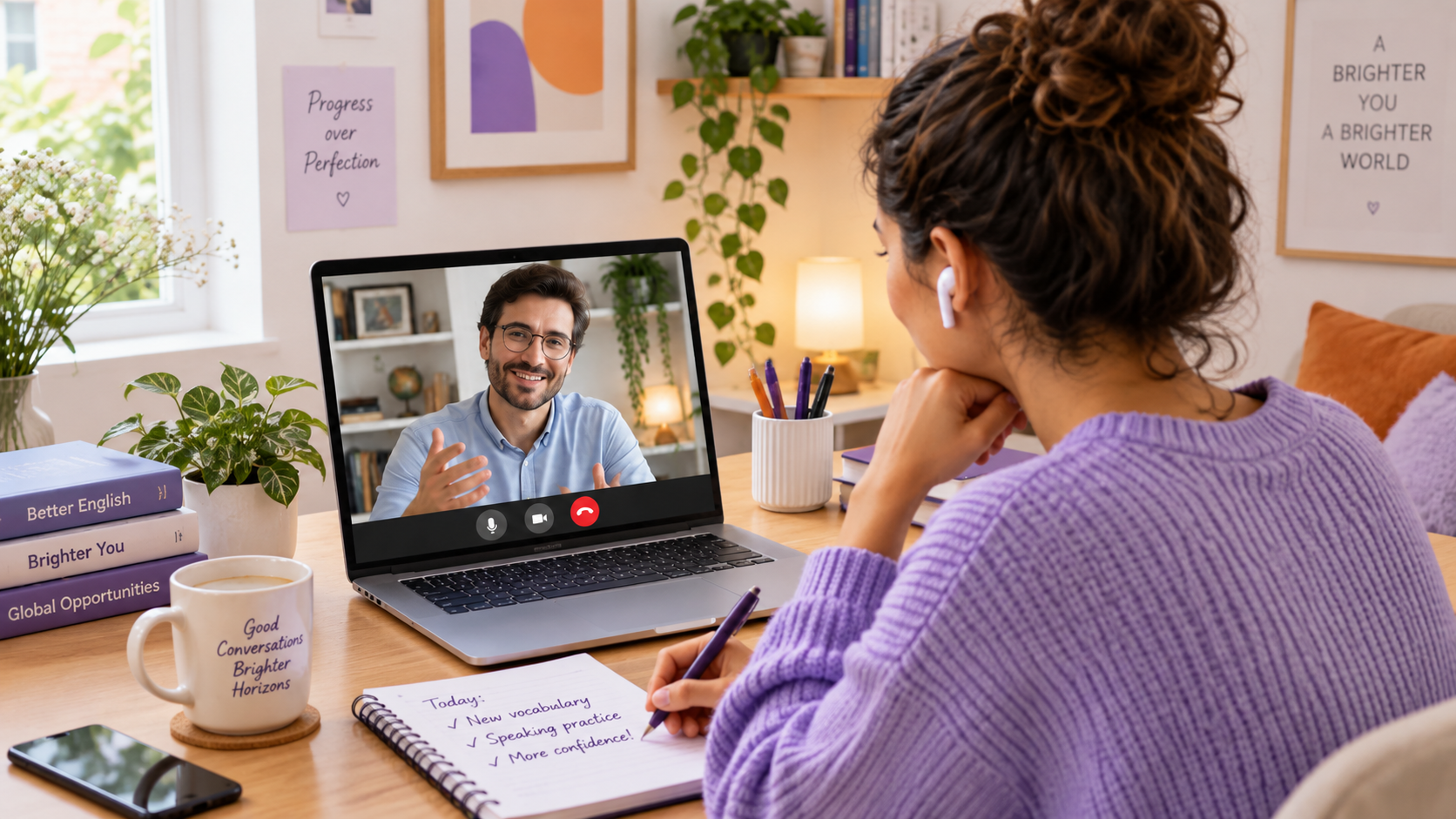 Estudiante participando en una sesión online de English Conversation Coaching con Lingua Goals